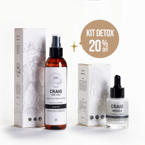Kit Detox CRAIG: conjunto de dos productos (Face Mist y Eyes & Lips Booster Gel) sobre fondo texturizado natural.