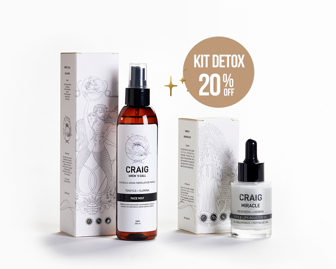 Kit Detox - Facemist + eyes&lips Kit Detox CRAIG: conjunto de dos productos (Face Mist y Eyes & Lips Booster Gel) sobre fondo texturizado natural.