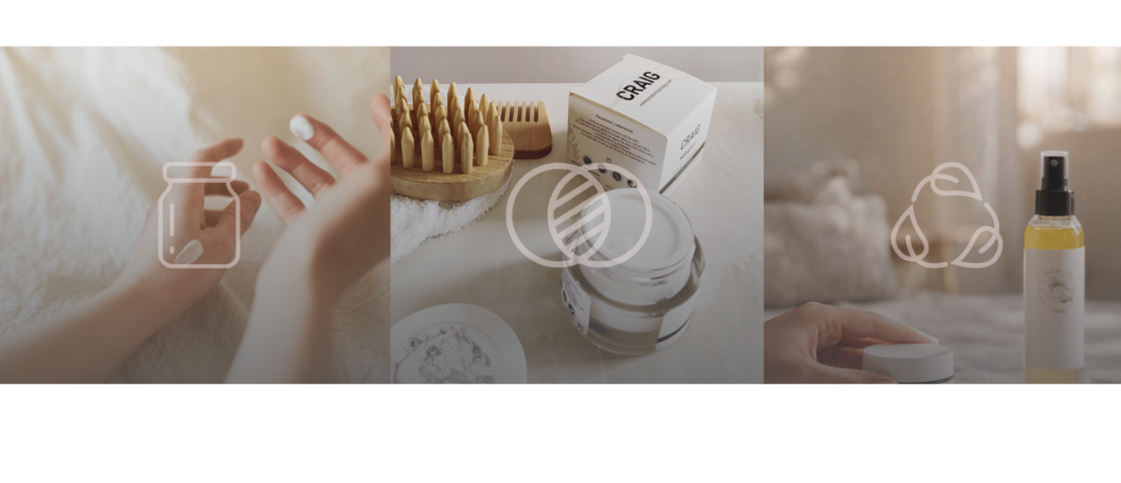 Ilustración de tres decisiones cotidianas de cuidado consciente: reducir productos, elegir multifunción y preferir envases reutilizables. Representa cómo una misma elección cuida la piel y el planeta.